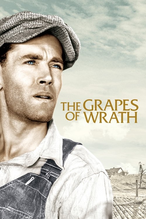 The poster features a rugged man in overalls and a cap, evoking a gritty, nostalgic atmosphere. The muted sepia tones and faded background suggest a historical drama with a somber mood. The title, "The Grapes of Wrath," is prominently displayed in bold, golden letters, hinting at the film's theme...