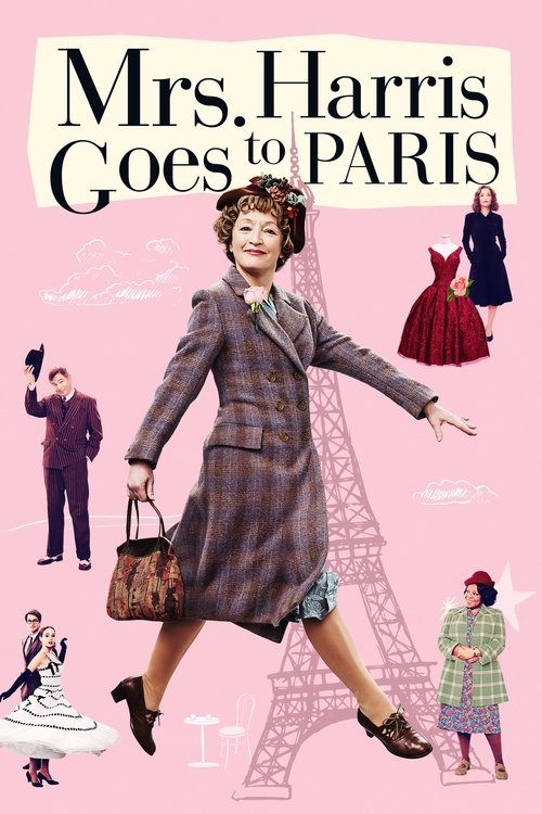 The poster features a glamorous woman in a stylish suit against the backdrop of the Eiffel Tower, surrounded by miniature figures of Parisian life. The vibrant pink background and elegant fashion evoke a romantic, nostalgic mood, capturing the essence of a classic Hollywood romance.