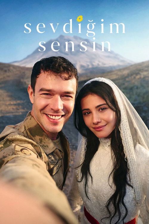 The poster features a smiling couple in a desert landscape, with the man in a military uniform and the woman in traditional attire. The warm colors and cheerful expressions convey a sense of love and connection, while the mountainous backdrop adds depth and drama to the scene.