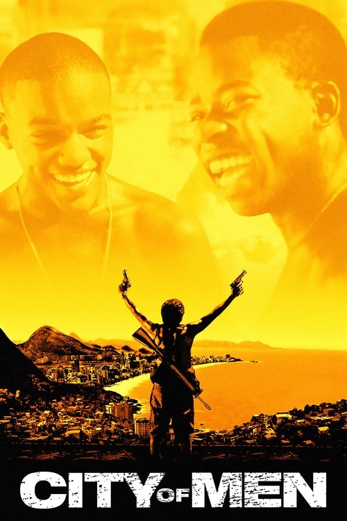 The poster features silhouetted men with arms raised against a warm, golden sunset backdrop. Overlaid are two smiling faces in the background, suggesting camaraderie and triumph. The title "City of Men" is prominently displayed at the bottom, emphasizing themes of community and shared experiences.