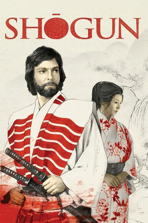 The poster features a dramatic scene with a man in a red and white striped kimono holding a katana, standing beside a woman in a traditional Japanese kimono with floral patterns. The bold red title "SHOGUN" dominates the top, evoking a sense of historical drama and intrigue.
