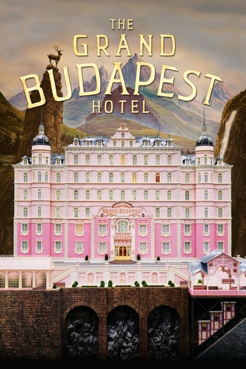 The poster features a grand pink hotel with a whimsical, cartoonish aesthetic. The title is prominently displayed in gold letters, evoking a sense of luxury and adventure. The mood is playful yet mysterious, hinting at the film's blend of fantasy and realism.