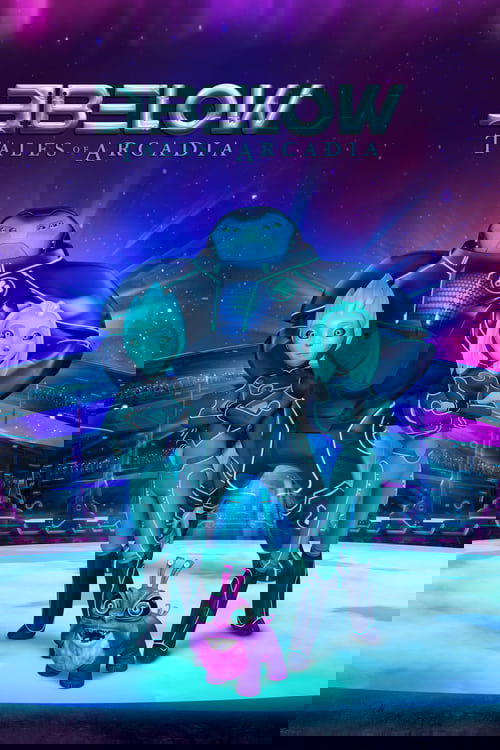 The poster features a futuristic scene with two young women in teal outfits standing before a large, armored figure. The background is a vibrant purple and blue gradient, suggesting a sci-fi setting. A small pink creature sits at the bottom, adding a whimsical touch. The overall mood is mysteriou...