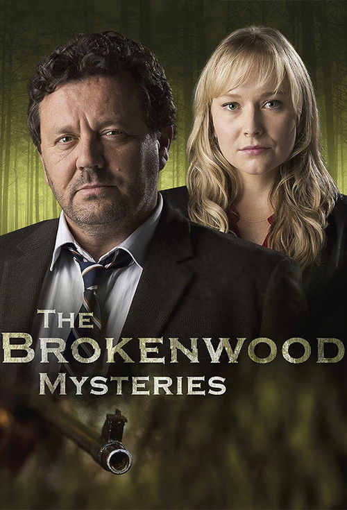 The poster features a somber, serious mood with two characters in formal attire against a muted, earthy background. The title "The Brokenwood Mysteries" is prominently displayed in bold, golden lettering, evoking mystery and intrigue.