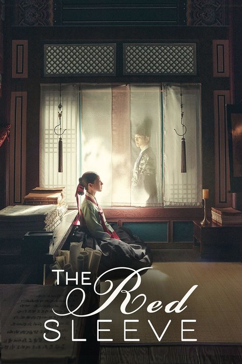 The poster features a young girl in a red sleeve sitting on a bed, gazing into a warmly lit room with a man standing in the background. The warm tones and soft lighting create a cozy, nostalgic atmosphere, while the title "The Red Sleeve" is elegantly displayed in white text at the bottom.