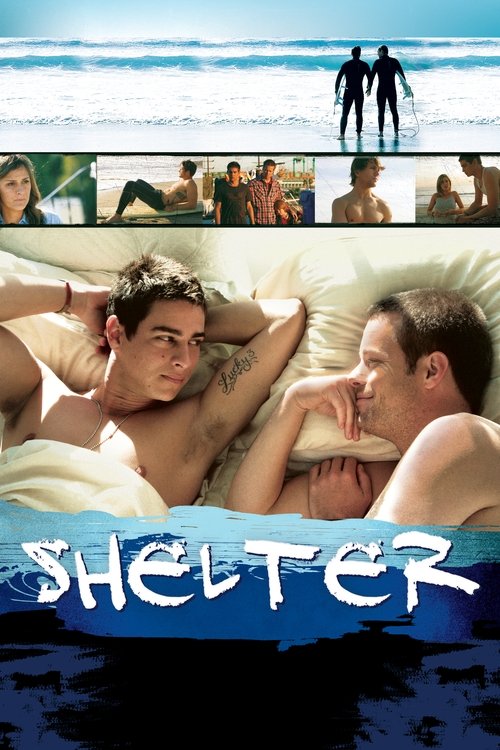 The poster features a beach scene with a couple in bed, evoking intimacy and warmth. The ocean waves and sky add a serene, natural backdrop. The title "SHELTER" is prominently displayed, suggesting themes of refuge and safety.