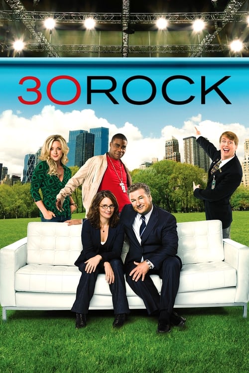 The poster features a group of five characters posing on a white sofa against a vibrant green lawn and city skyline backdrop. The warm lighting and cheerful atmosphere convey a lively, comedic mood, while the bold red "30 Rock" text anchors the image.