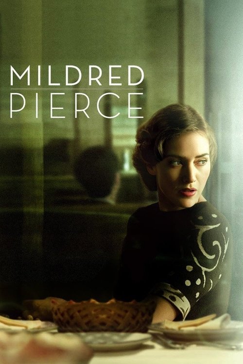 The poster features a woman in a dimly lit room, her expression contemplative as she gazes into the distance. The muted green and brown tones evoke a somber, reflective mood, while the title "Mildred Pierce" is prominently displayed in white text.
