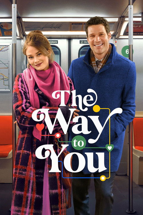 A man and woman stand on a train, dressed warmly in cozy clothing. The woman wears a plaid coat and scarf, while the man sports a blue sweater. Their expressions convey warmth and connection. The poster features bold, colorful typography that draws attention to the title. The overall mood is invi...