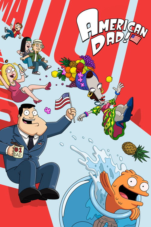 The poster features a chaotic scene with characters like Mr. Dad, a man in a suit, and a woman in a pink dress, all amidst a vibrant red and white background. The mood is energetic and humorous, capturing the essence of the show's slapstick humor.