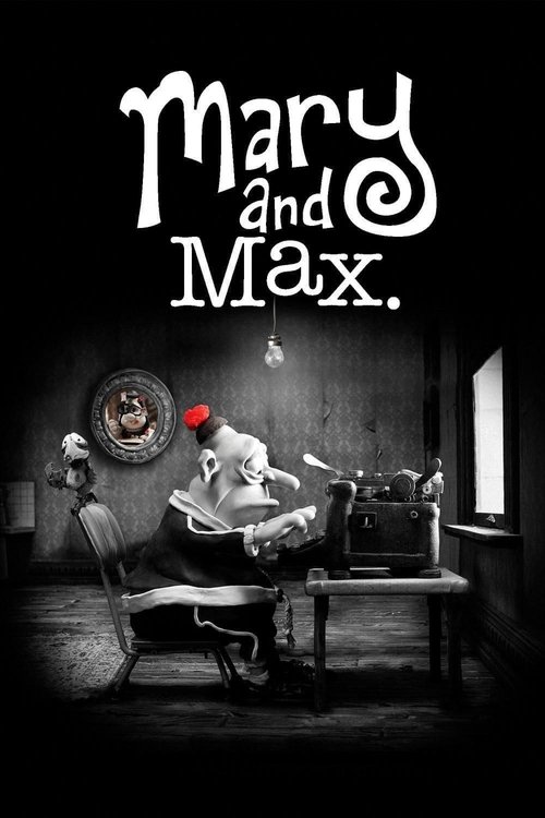 The poster features a spooky scene with a ghostly figure and a red balloon, set against a dark, eerie background. The title "Mary and Max" is prominently displayed in a gothic font. The overall mood is mysterious and haunting, with muted tones and a sense of foreboding.