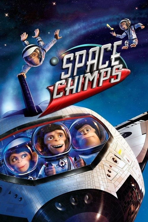 The poster features astronauts in colorful spacesuits floating in space, with a sleek spaceship in the foreground. The vibrant blue background and bright colors create a playful and adventurous mood. The title "Space Chimps" is prominently displayed in bold, eye-catching letters.