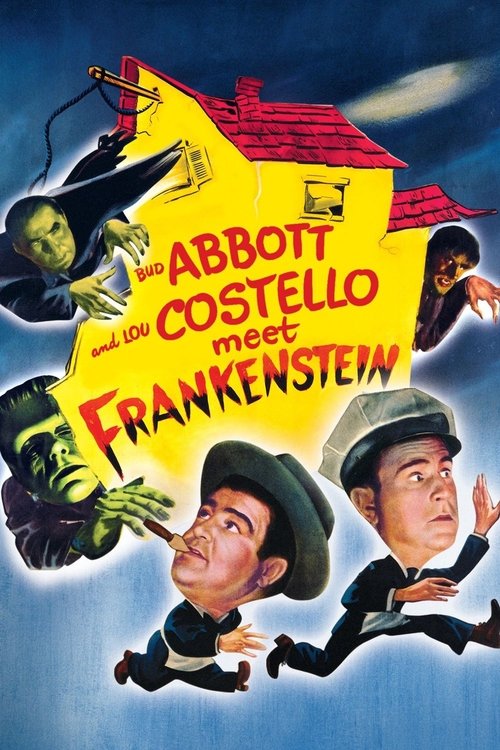 The poster features Bud Abbott and Lou Costello in dynamic poses against a vibrant blue sky, with a red house looming in the background. The title "Abbott and Costello Meet Frankenstein" is prominently displayed in bold, eye-catching letters. The overall mood is adventurous and humorous, capturin...