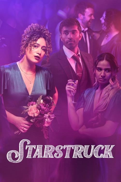 The poster features a glamorous scene with a woman in a teal dress holding a bouquet, flanked by a man in a suit and a woman in a light blue dress. The background is bathed in purple hues, creating a mysterious and romantic atmosphere. The title "STARSTRUCK" is prominently displayed in elegant, s...