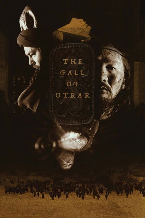 The poster depicts a dark, sepia-toned scene with a central figure holding a book titled "The Fall of Otrar." Surrounding this figure are two men in period clothing, one with a beard and the other with a mustache, both looking intense and serious. The overall mood is somber and dramatic, evoking ...