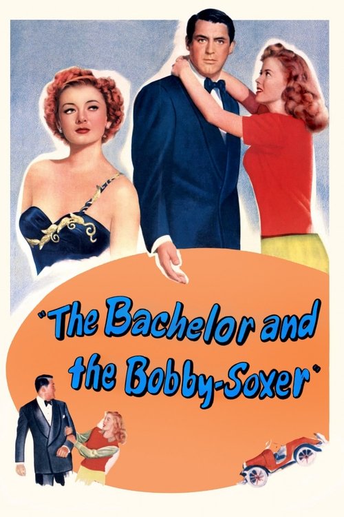 The poster features a glamorous couple in a red and blue ensemble, with a woman in a black dress and a man in a blue suit. The background is a soft blue, and the title "The Bachelor and the Bobby-Soxer" is written in bold, playful letters. The overall mood is romantic and playful, suggesting a cl...
