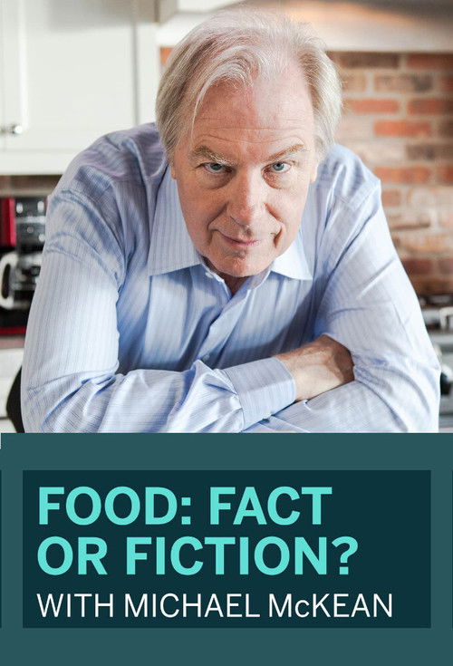 The poster features an elderly man with gray hair leaning against a brick wall, exuding a contemplative mood. The title "Food: Fact or Fiction?" is prominently displayed in bold teal text on a dark green background. The overall composition suggests a thoughtful exploration of culinary truth versu...