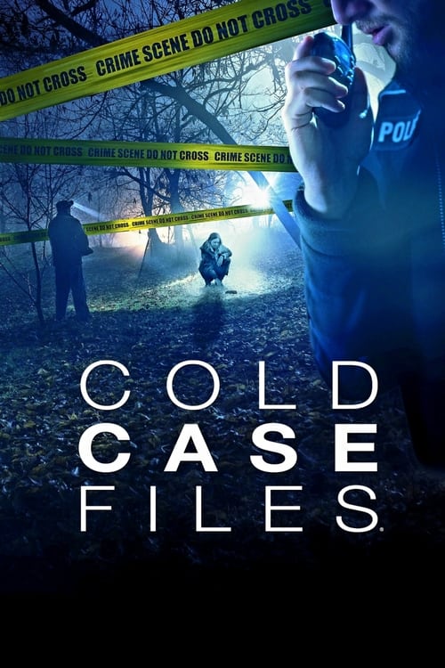 The poster depicts a cold case investigation scene with police officers and investigators in the background, while a man in a blue shirt dominates the foreground. Yellow crime scene tape lines the top, and the title "COLD CASE FILES" is prominently displayed in white text against a dark, moody ba...