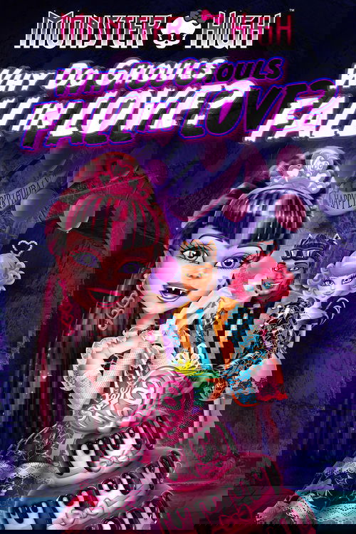 The poster features a glamorous Monster High character with pink hair and a cake, surrounded by other characters in colorful outfits. The dark purple background with glowing pink hearts adds a mysterious and romantic atmosphere. The title is bold and eye-catching, promising a fun and engaging sto...