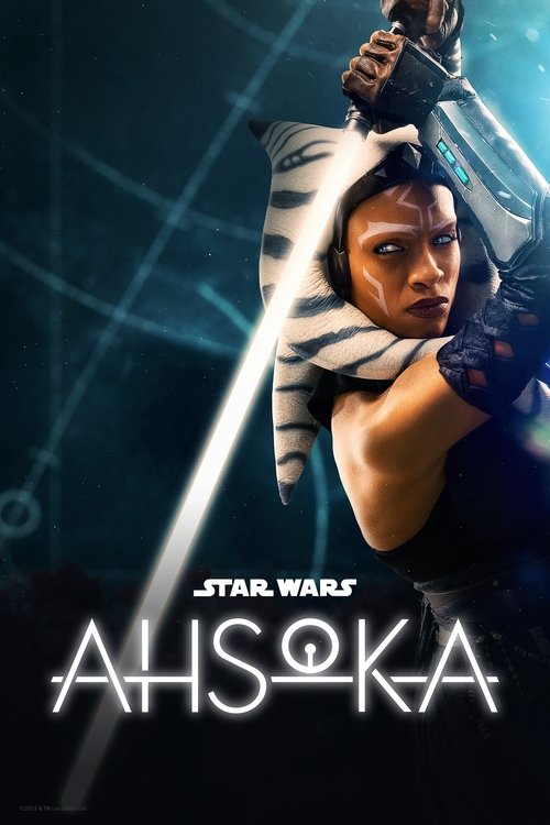 Ahsoka stands defiantly against a dark, cybernetic background, wielding a glowing blade with an intense, determined expression. The cool blue tones and metallic sheen evoke a sense of mystery and action, capturing the show's futuristic and dramatic tone.