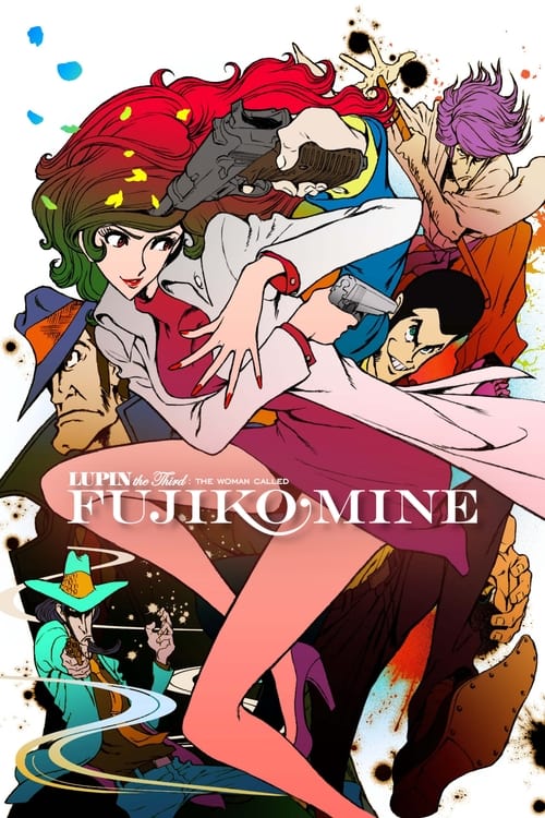 The poster features a dynamic scene with Lupin III and Fujiko Mine in mid-action, surrounded by colorful, energetic characters. The vibrant reds, greens, and blues create a lively atmosphere, emphasizing the show's action-packed and adventurous tone.