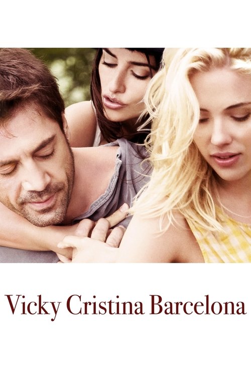 The poster features three people in a tender, intimate moment. Warm tones and soft lighting evoke a sense of romance and emotional connection. The title "Vicky Cristina Barcelona" is elegantly placed at the bottom, suggesting a story about love and longing.