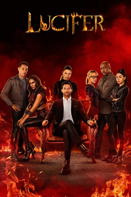 The poster features a dramatic scene with the titular "Lucifer" in a fiery suit, surrounded by his cast members in dark, ominous attire. The intense red and black color scheme, combined with the menacing atmosphere, conveys a sense of supernatural danger and high-stakes drama.