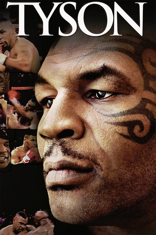 The poster features a close-up of Tyson Fury, with his intense gaze and tribal tattoos prominently displayed. The background shows blurred figures in a boxing ring, suggesting action and competition. The dark, moody lighting and bold typography convey a sense of power and intensity, evoking the g...