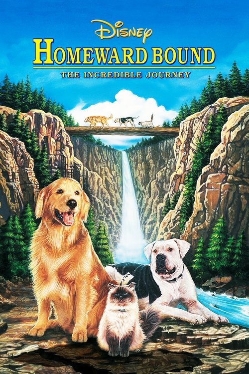The poster features three golden retrievers in a serene mountain landscape, with a waterfall cascading down rocky cliffs behind them. The warm golden tones of the dogs contrast beautifully with the cool blues and greens of the forest and water. The overall mood is one of adventure and friendship,...