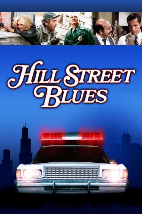 The poster features a classic police car with flashing lights against a blue cityscape backdrop. Above, four characters in period attire suggest a gritty, noir-era setting. The title "Hill Street Blues" is elegantly written in white script, evoking a sense of mystery and storytelling.