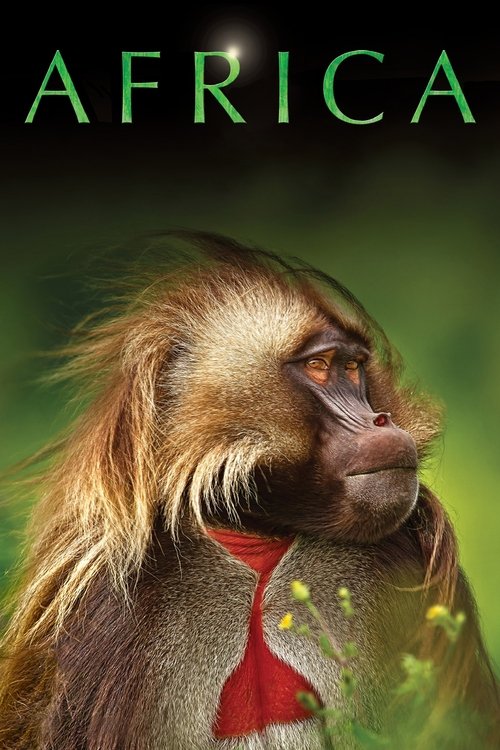 The poster features a baboon with a red scarf against a lush green background, evoking a serene African wildlife scene. The title "AFRICA" is prominently displayed in bold, green letters at the top.