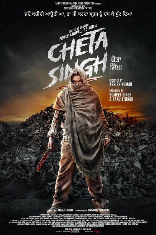 The poster features a rugged man in a tattered, earth-toned outfit standing amidst a desolate landscape under a dramatic sky. The title "Cheta Singh" is prominently displayed in bold, distressed typography. The overall mood is gritty and epic, with warm earth tones contrasting against the dark, s...