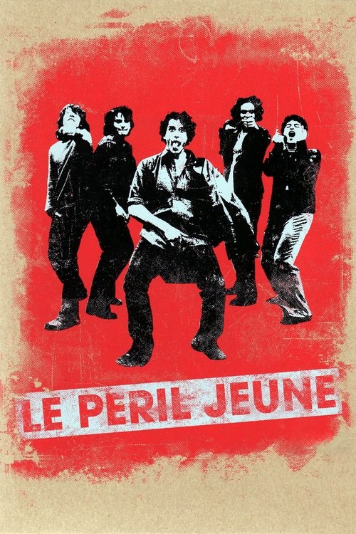 The poster features six figures in a gritty, red-and-beige setting, exuding a rebellious and raw energy. The bold red background contrasts sharply with the black-and-white silhouettes, creating a striking visual impact. The title "LE PERIE JEUNE" is prominently displayed at the bottom, reinforcin...