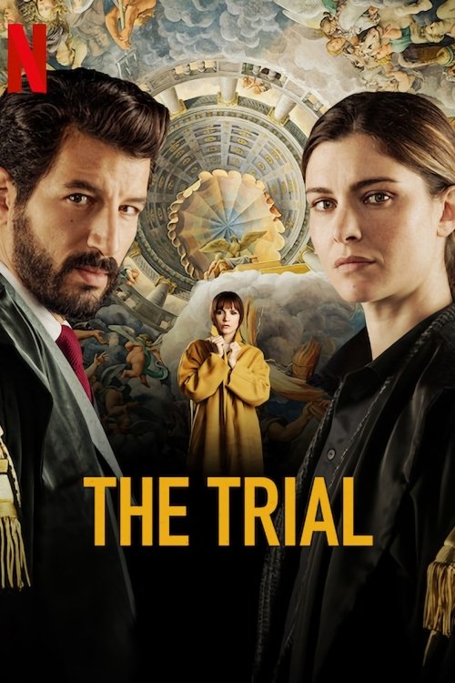 The poster features two men and a woman in dramatic poses against a backdrop of ornate, golden architecture. The warm golden and dark tones create a somber, mysterious atmosphere, suggesting a serious drama. The title "THE TRIAL" is prominently displayed in bold yellow letters at the bottom, emph...