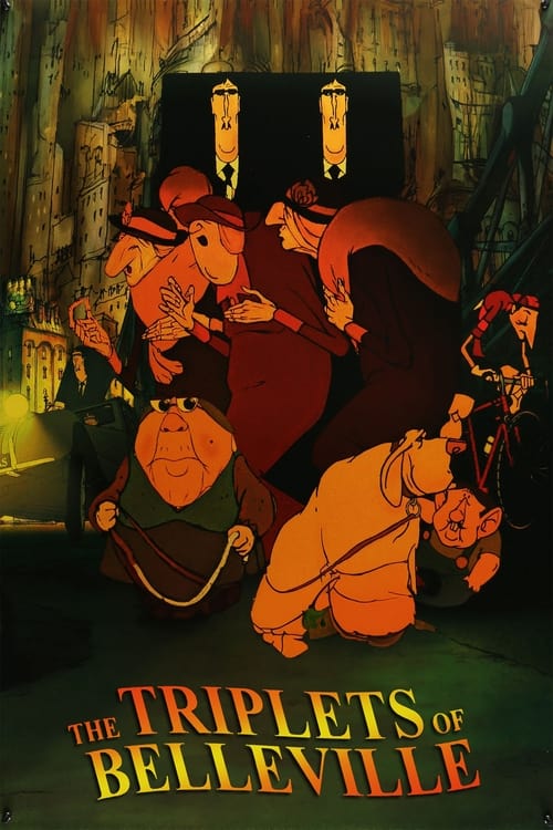 The poster features three animated triplets in a dimly lit, rustic setting. Warm orange and red tones dominate the scene, creating a cozy yet mysterious atmosphere. The characters appear engaged in a playful or dramatic moment, with one triplet kneeling while the others stand around. The title at...