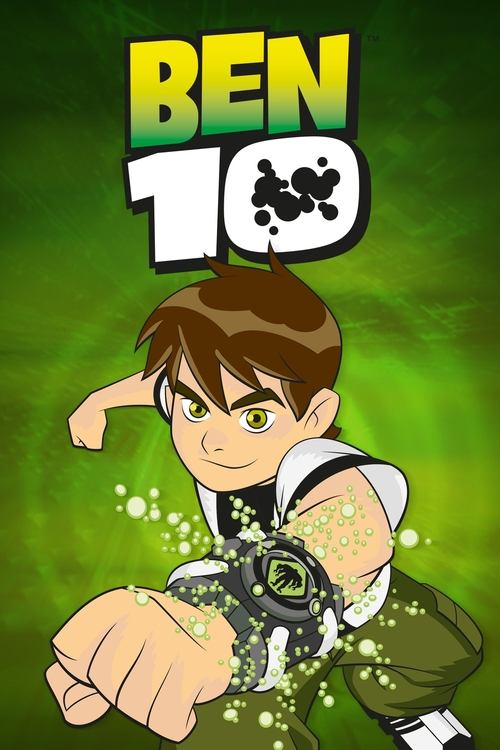 The poster features Ben Tennyson, a determined boy with brown hair and a determined expression, holding a glowing device against a vibrant green background. The bold, colorful title "BEN 10" dominates the top, creating an energetic and adventurous mood.