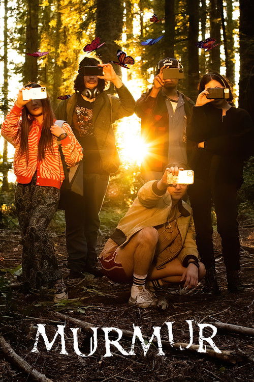 The poster features a group of people gathered around a glowing campfire in a forest, creating a warm and adventurous atmosphere. The vibrant orange jacket of the person on the left adds a pop of color against the darker tones of the forest. The title "Murmur" is prominently displayed at the bott...
