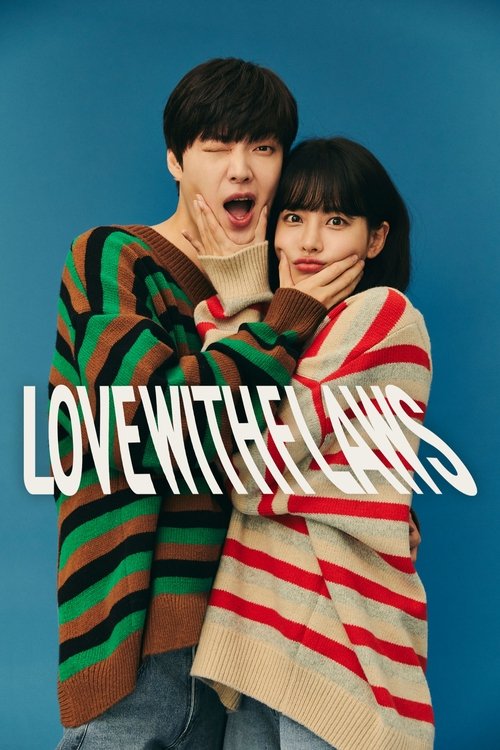 The poster features two couples embracing against a vibrant blue background, with the title "LOVE WITH THE LAWS" prominently displayed in bold white letters. The warm, cozy colors of their striped sweaters create a romantic and inviting atmosphere, while their expressive faces convey a mix of joy...