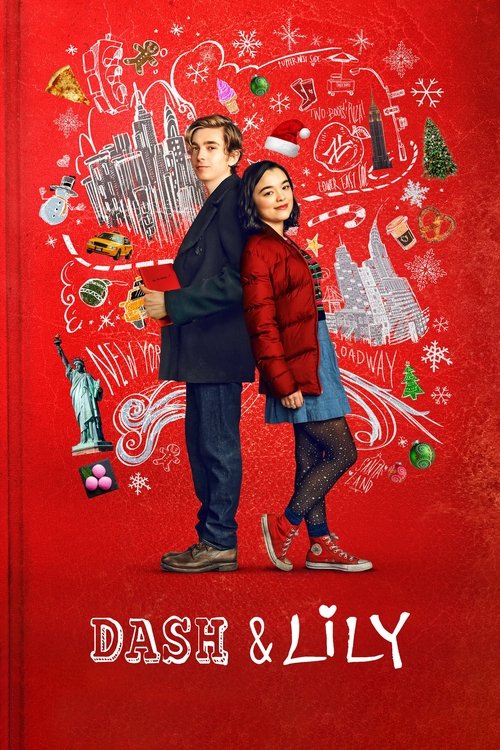 The poster features two children, Dash and Lily, standing against a vibrant red background adorned with festive Christmas decorations like ornaments, snowflakes, and a reindeer. The warm, cheerful mood suggests a heartwarming holiday story.