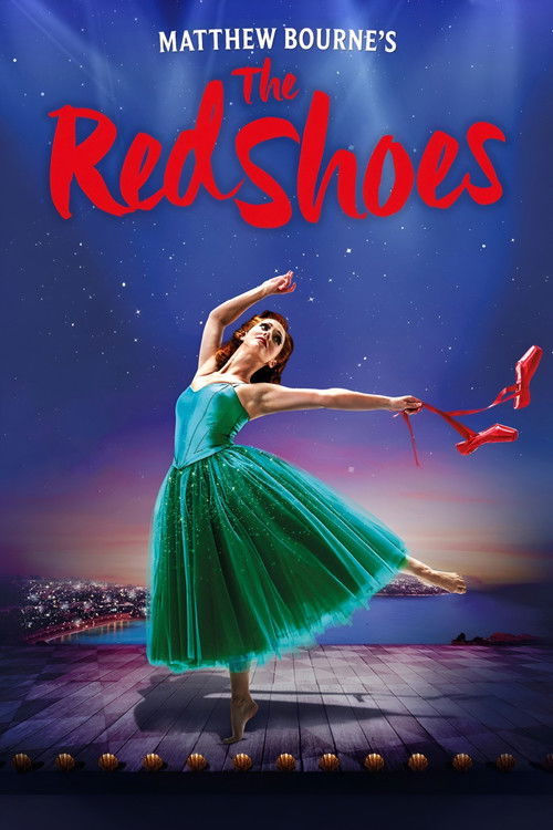 The poster features a ballerina in a vibrant green tutu against a starry night sky, exuding elegance and grace. The title "The Red Shoes" is prominently displayed in bold red letters, while the name "Matthew Bourne's" appears at the top. The overall mood is one of artistic expression and emotiona...