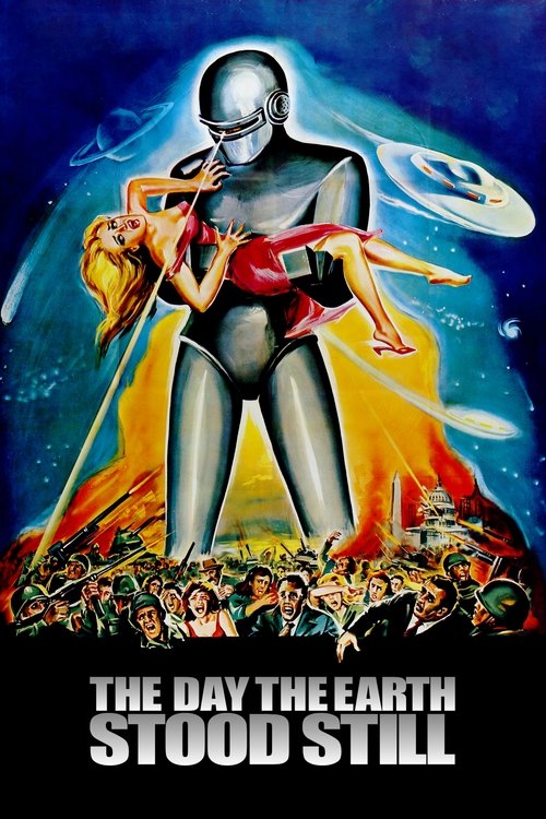 This movie poster features a dramatic scene with a large, armored figure standing atop a fiery landscape, holding a woman in a red outfit. The background is filled with a crowd of people watching intently, while a planet with a globe symbol floats in the sky. The colors are vivid, with warm orang...