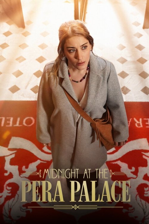 The poster features a woman in a stylish gray blazer against a warm, golden background. The elegant title "Midnight at the Pera Palace" is prominently displayed in gold lettering. The overall mood is sophisticated and mysterious, hinting at a story set in an upscale, luxurious setting.