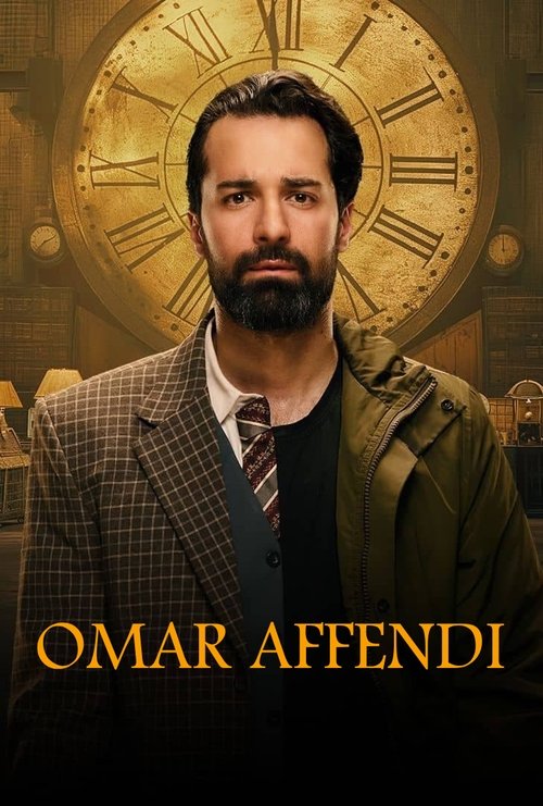 The poster features Omar Affendi with a serious expression, wearing a plaid jacket over a dark sweater and striped tie. Behind him is a large, golden clock face with Roman numerals, suggesting a time-related theme. The warm, dim lighting and rich brown tones create an atmosphere of mystery and dr...