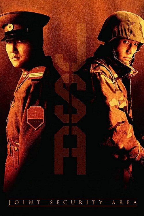 The poster features two soldiers in military uniforms against a warm, sepia-toned background, evoking a tense, gritty atmosphere. The large "JSA" logo dominates the center, symbolizing the Joint Security Area. The muted colors and serious expressions convey a sense of danger and authority, hintin...