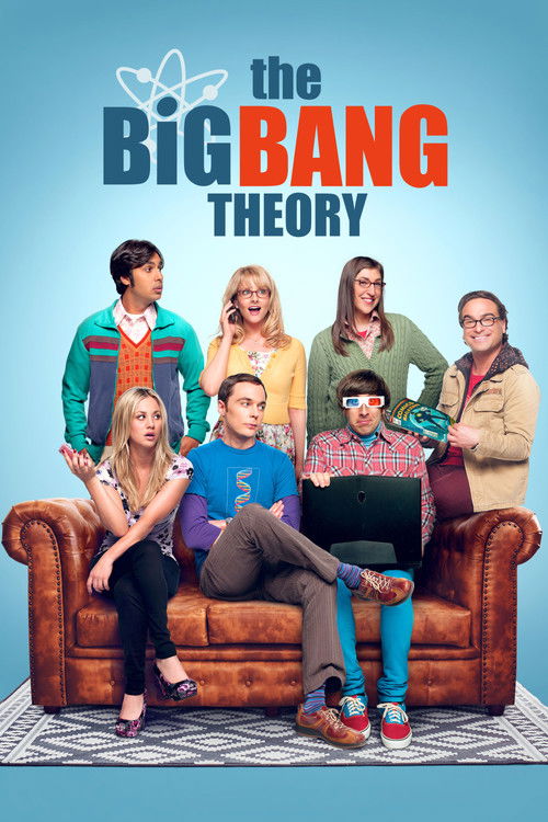 This vibrant poster features the iconic cast of "The Big Bang Theory" lounging on a brown sofa against a cheerful blue background. The warm, inviting colors and relaxed poses evoke a fun, family-friendly atmosphere that captures the show's comedic essence.