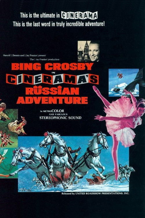 This movie poster for "Cinerama's Russian Adventure" features a dramatic scene with a woman in a pink tutu and a man in a suit riding a horse, set against a dark background. The poster uses bold red and white text to highlight the title, while smaller images depict other characters and a scenic l...