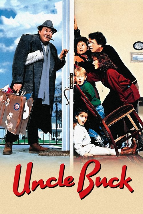 The poster features Uncle Buck in a gray coat and hat, holding a suitcase, while his family—grandfather, father, and children—gather around a wooden chair. The warm, earthy tones of the background contrast with the bright red title, creating a nostalgic, family-oriented atmosphere.