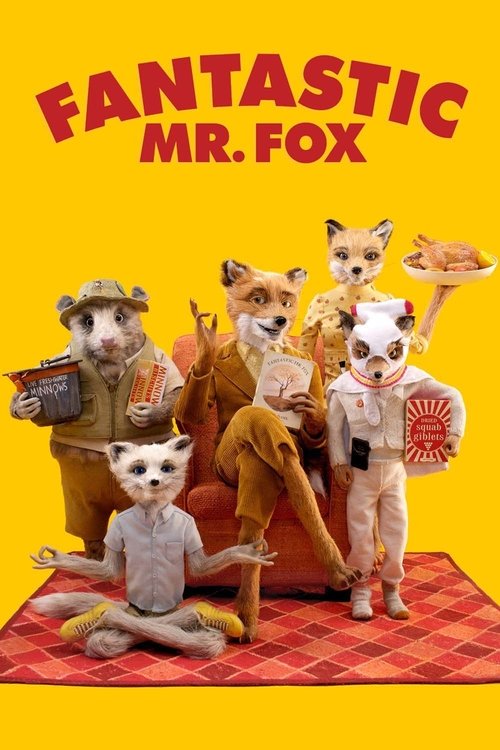 The poster features anthropomorphic fox characters in a vibrant red and yellow kitchen setting. The mood is whimsical and playful, with each character holding unique props like a guitar, a cake, and a trophy. The bright colors and cheerful expressions convey a sense of fun and adventure.