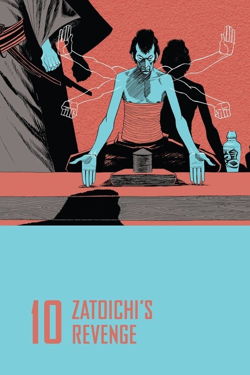 The poster features a central figure in a red outfit with hands extended, surrounded by shadowy figures against a vibrant red background. A bottle sits on the ground, and the bottom section displays the title "Zatoichi's Revenge" in bold, white text on a light blue background. The overall mood is...