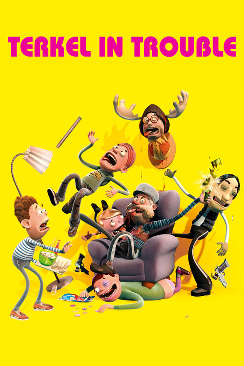 The poster features a chaotic scene with six animated characters in a yellow background, suggesting a comedic or absurd situation. The characters are depicted with exaggerated expressions and dynamic poses, conveying a sense of urgency and humor. The bold pink title text at the top emphasizes the...